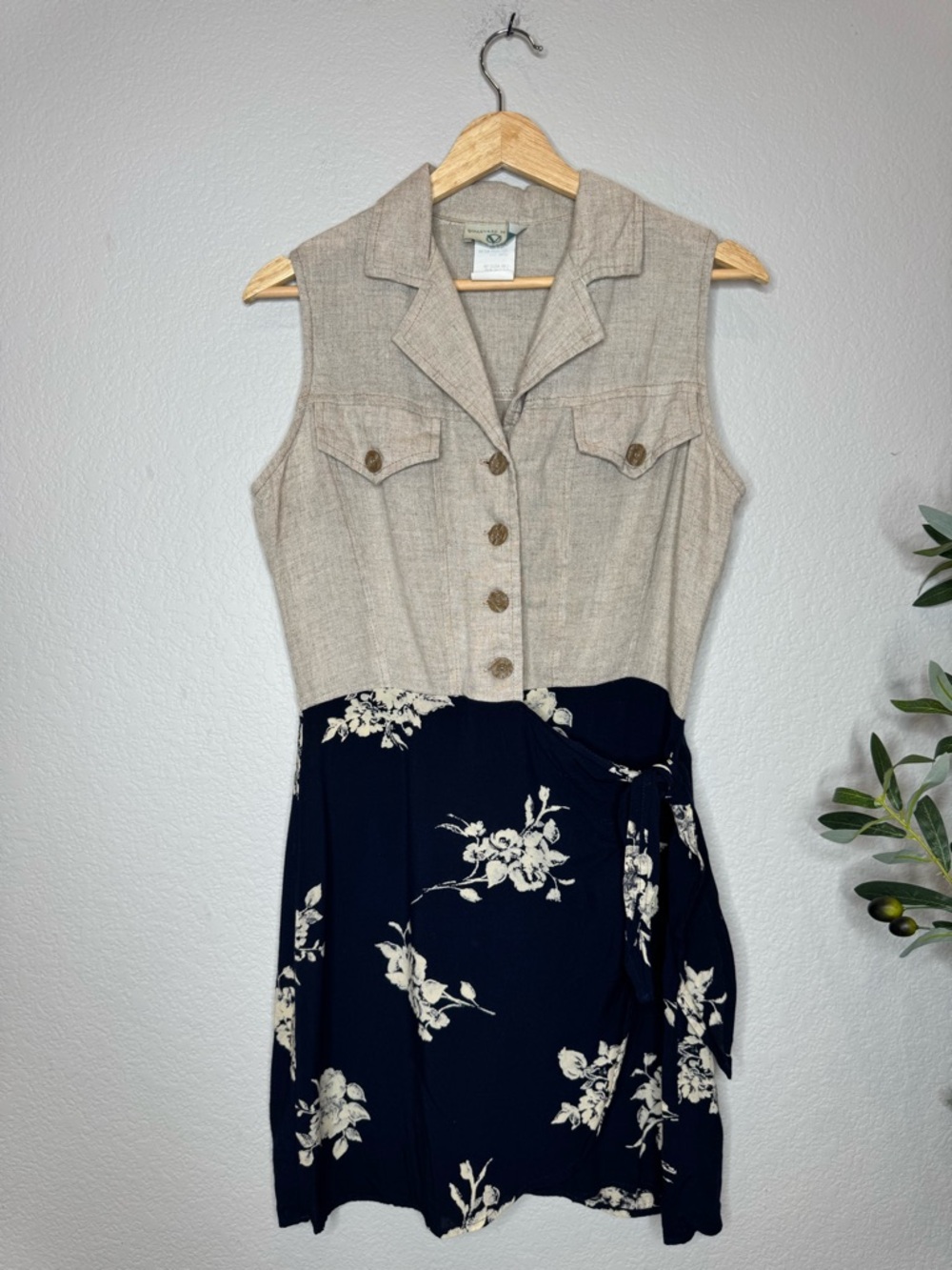 Vintage Linen Floral Wrap Dress Size 8 Beige Navy Sleeveless